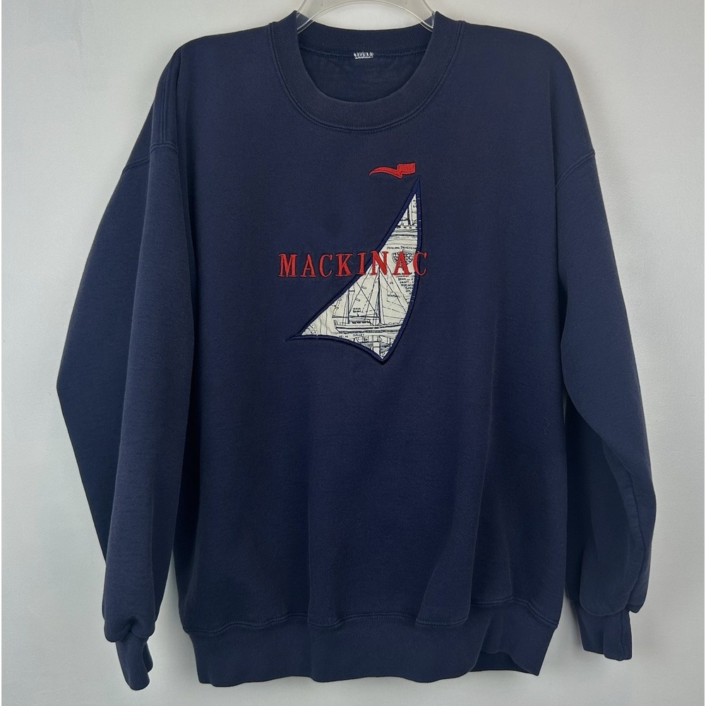 Vintage Mackinac Island Sweatshirt XL 90s Embroidered Crew Blue Michigan Read